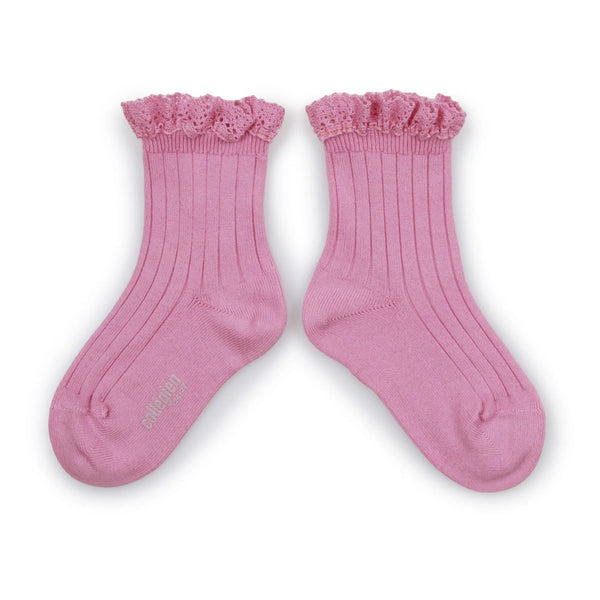 Lili - Lace Trim Ribbed Ankle Socks - 800 - Rose Bonbon