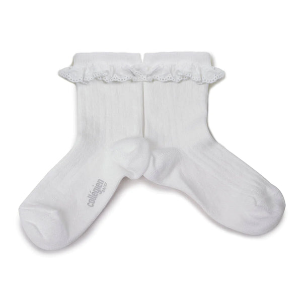 Pauline - Lightweight Ribbed Socks with Broderie Anglaise - 908- Blanc Neige