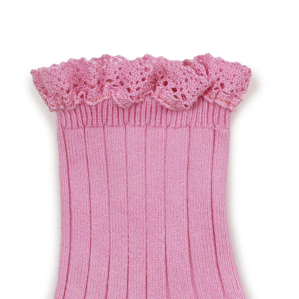 Lili - Lace Trim Ribbed Ankle Socks - 800 - Rose Bonbon