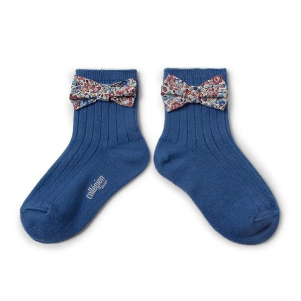 Béatrice - Ribbed Ankle Socks with Liberty Bow - 615 - Bleu Saphir