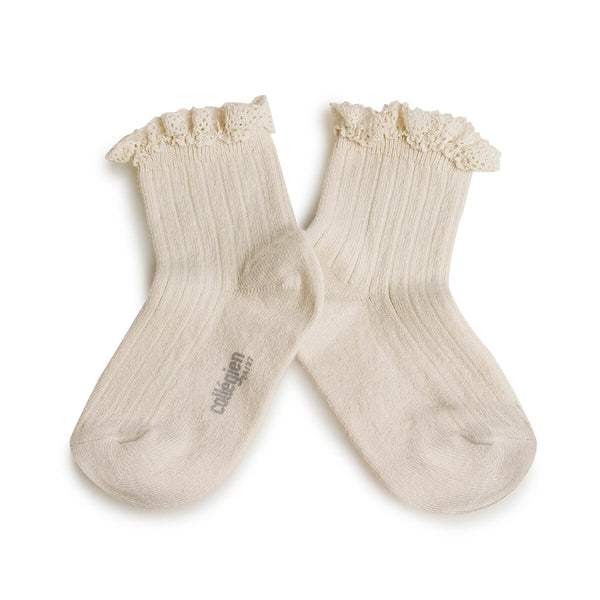 Lili - Lace Trim Ribbed Ankle Socks - 037 - Doux Agneaux